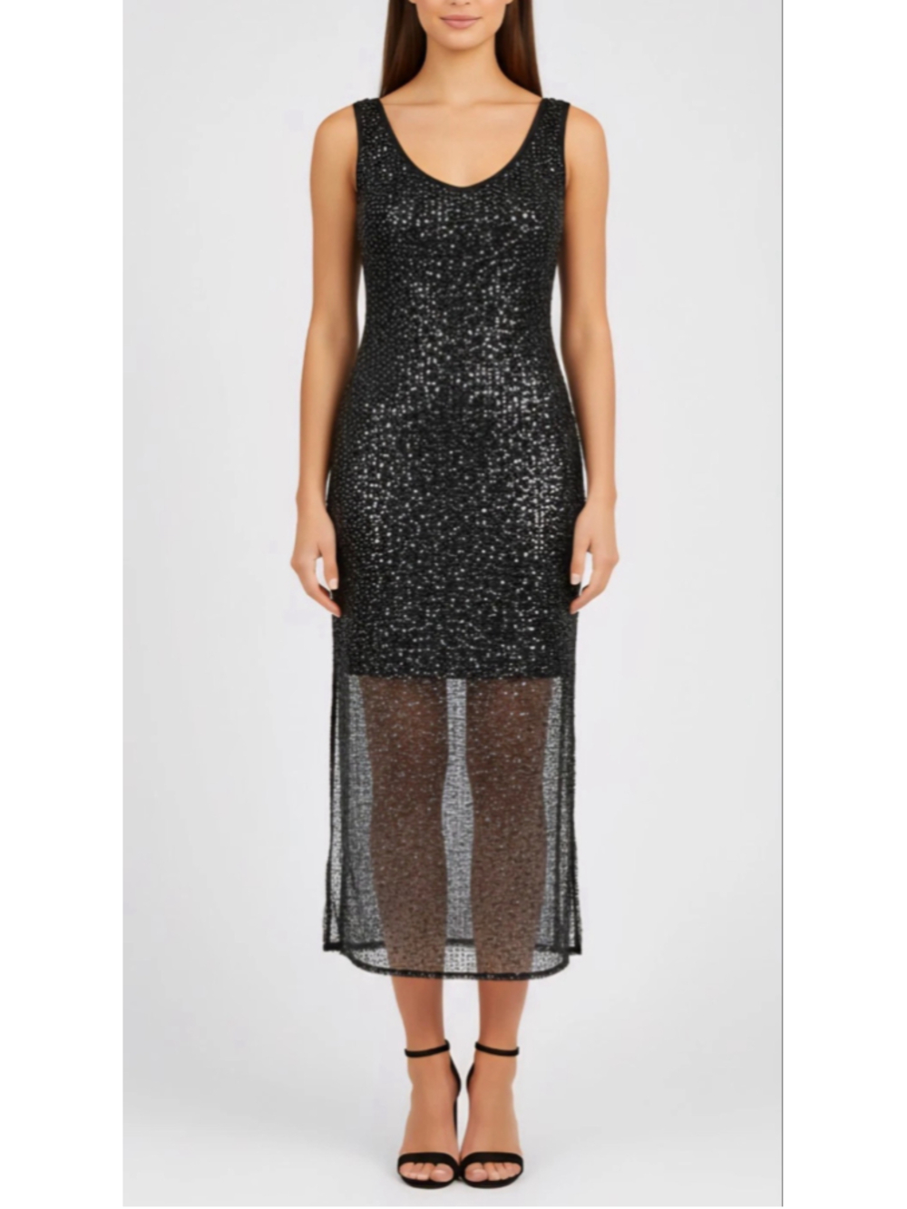 Siena Black Sequin Mesh Overlay Midi Dress - NWT Size 12